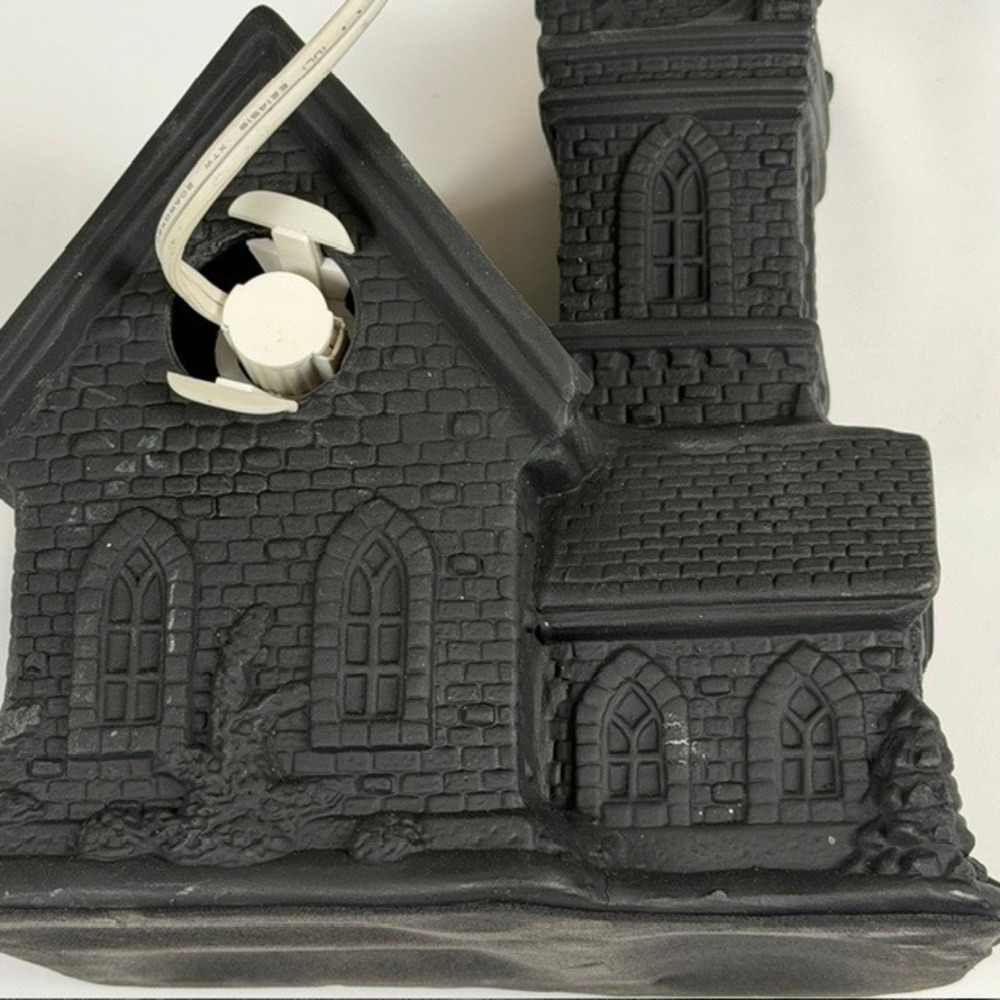 Matte Black Ceramic Halloween Spooky Church Village House Lighted Decor - Picture 8 of 13